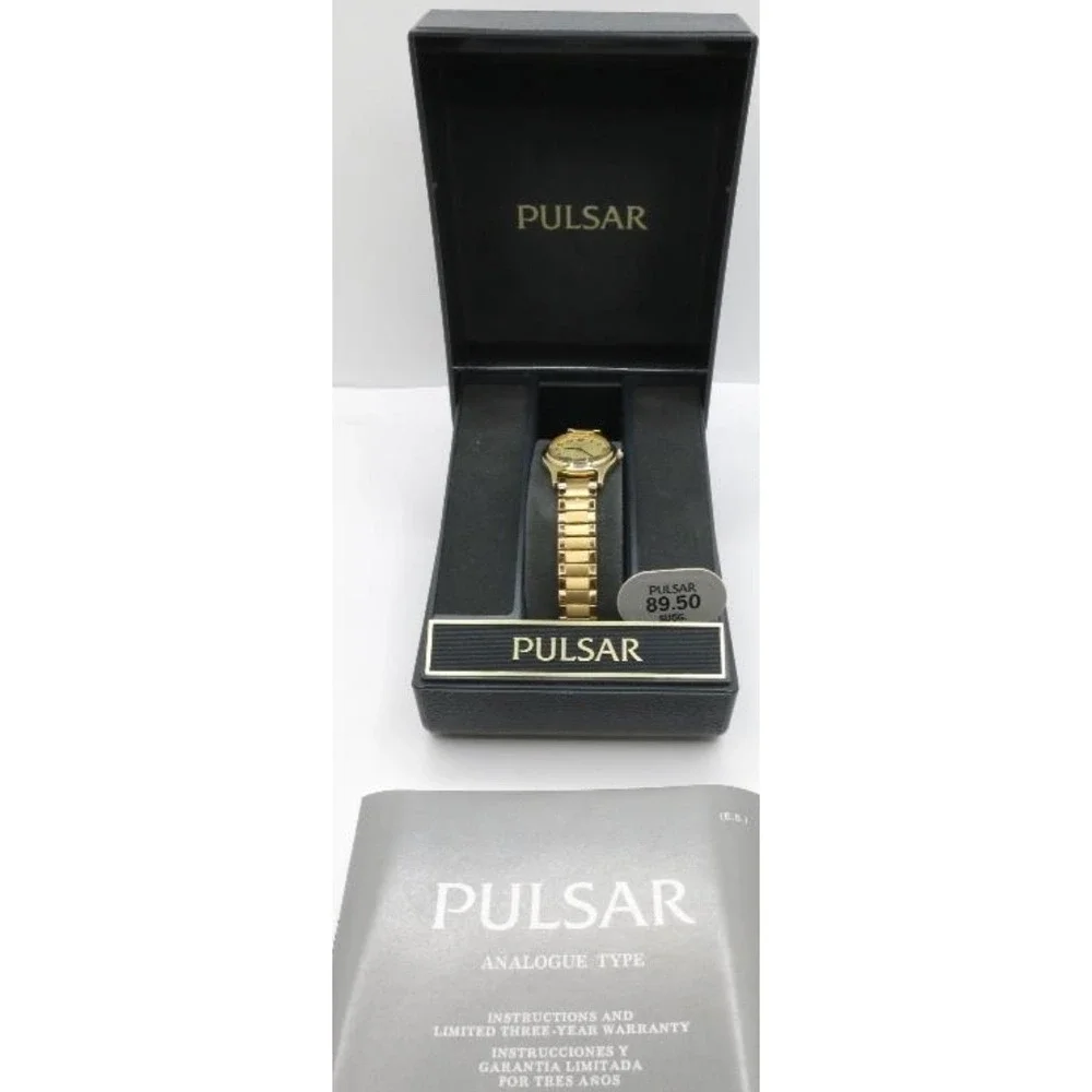 New with Box Pulsar Gold Tone Quartz Watch Base Metal Bezel Stainless Steel Back